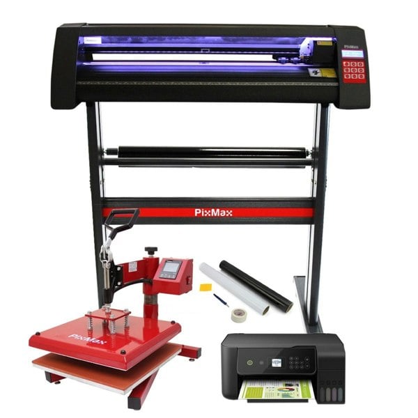 Pixmax 38cm heat press and vinyl cutter set featuring a sleek black and red design, LED printer, and essential accessories for crafting