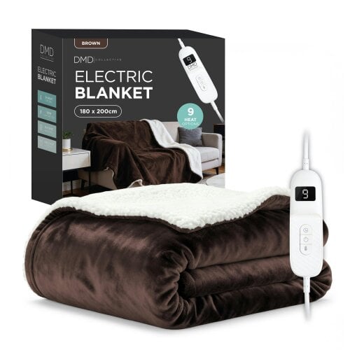 DMD Collective Heated Electric Blanket - Sherpa Fleece, Auto-Off, 9 Heat Levels - 180cm x 200cm - Brown