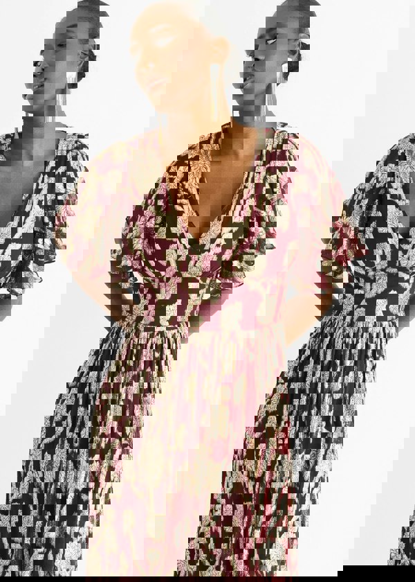 Gini London Burgundy Metallic Jacquard Flutter Sleeves Floral Maxi Dress