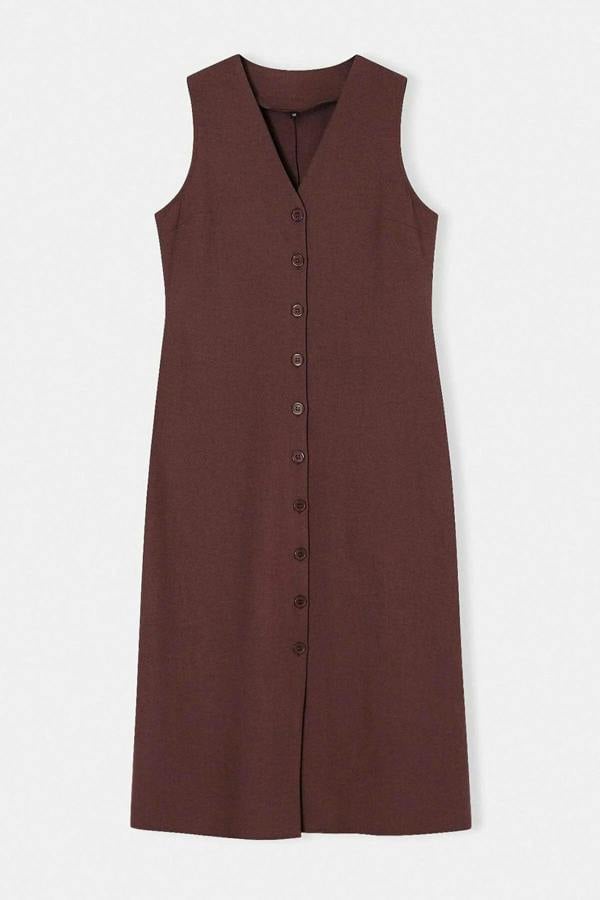 Belted Linen Blend V Neck Midi Shirt Dress