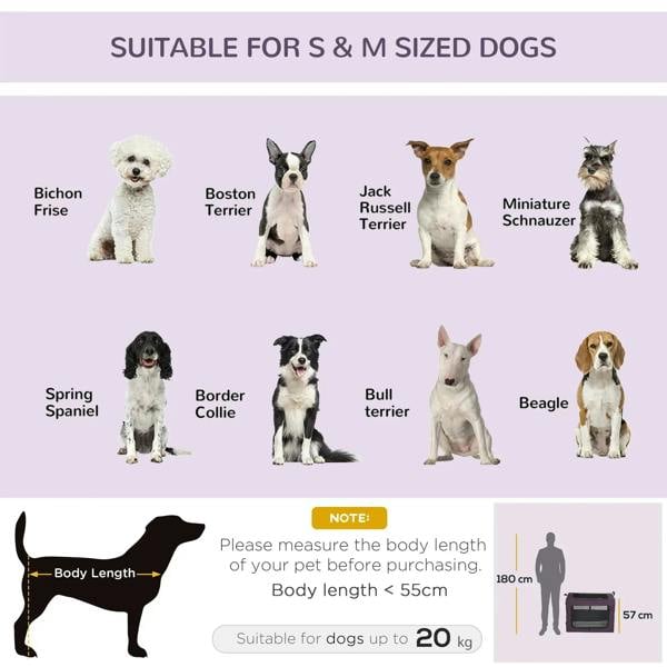 Pet carrier suitability graphic for small to medium dogs, with body length guidance