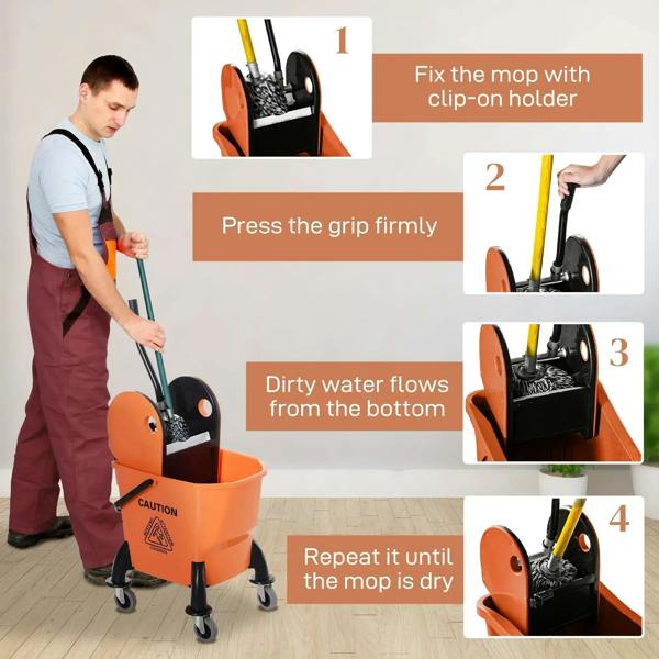 Orange mop bucket and wringer with handle and four wheels, close view
