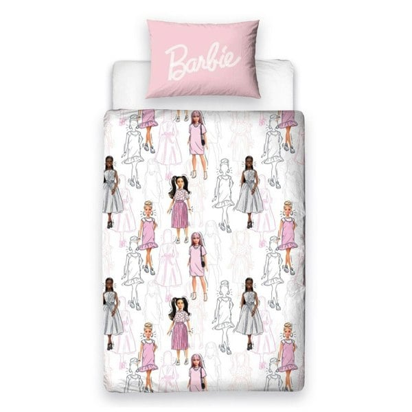 Barbie Reversible Figures Duvet Cover Set - Pink/White/Grey