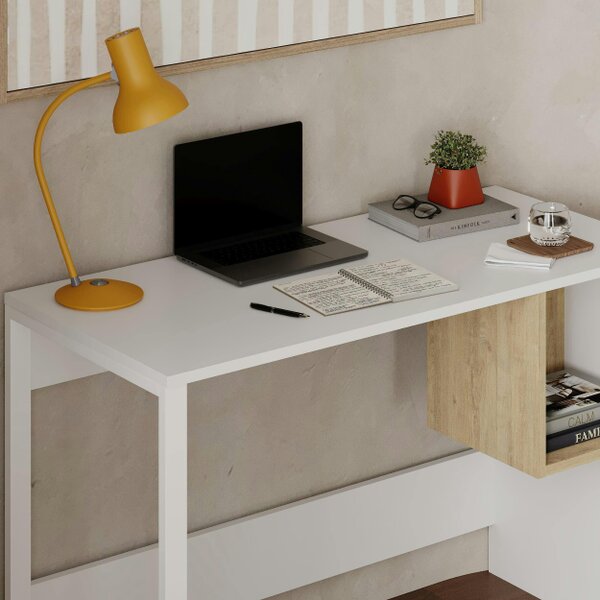 Decortie Model-4 110(W)cm Computer Desk Oak, Black Wood Workstation PC Work Table Office Gaming Desk Shelf with Black Metal Leg - White and Oak