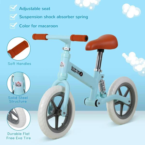 Light blue toddler balance bike with adjustable seat, orange grips, and white EVA tires