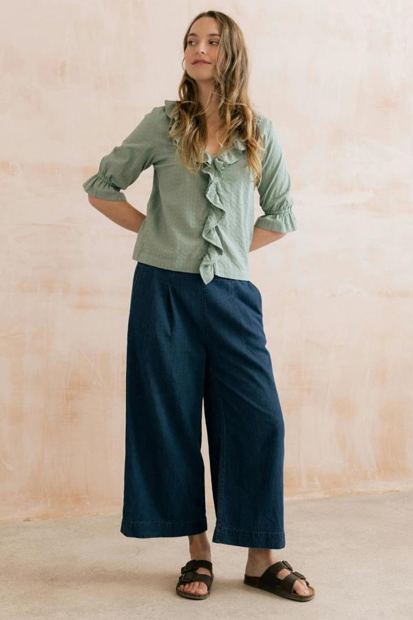 Lily & Me May Embroidered Cotton Frill Blouse Silver Sage