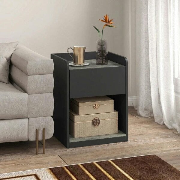 Modern Bedside Table, Slim Nightstand with Drawer, Shelf and Cable Holes, Black and Grey Wood Effect
