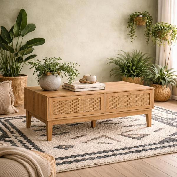 Wyld Haus Waterford Oak Wood and Rattan Coffee Table 2 Doors