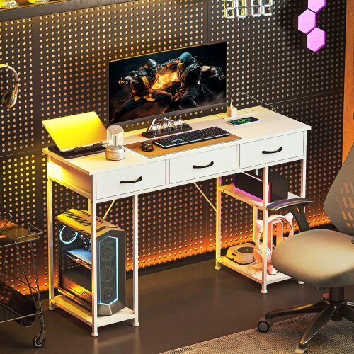 Wyld Haus Riba 120cm Wooden White Home Office Desk With Power Sockets 3 Fabric Drawers And Storage Shelves 120 cm