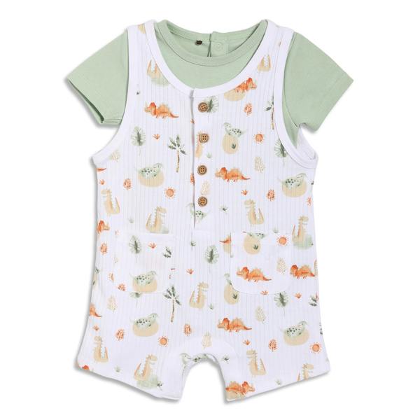 Mini Cuddles Baby Boys Dinosaur Printed Dungaree Set With Matching Cap, Multicolour