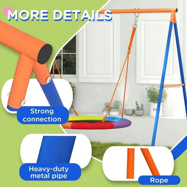 A-frame swing frame with orange metal pipe and multicolor nest seat with ropes