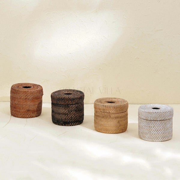 Dark brown rattan round tissue holder 4 colours handwoven wicker