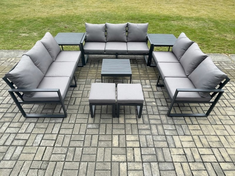 Fimous Aluminium 11 Seater Outdoor Garden Furniture Set Patio Lounge Sofa with Square Coffee Table 2 Side Tables 2 Small Footstools Dark Grey