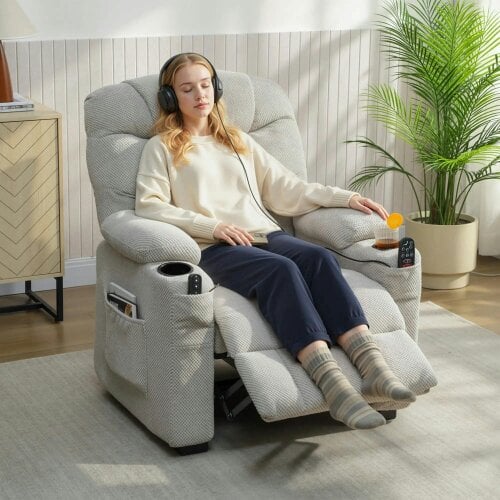 Bobobiy Electric Massage Recliner Armchair with Vibration, Whisper-Quiet Motor, Memory Function, Fleece Power Reclining Chair with Spring Pack, Grey
