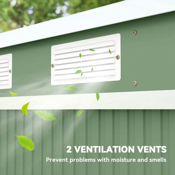 Green shed roof with two ventilation vents for moisture control