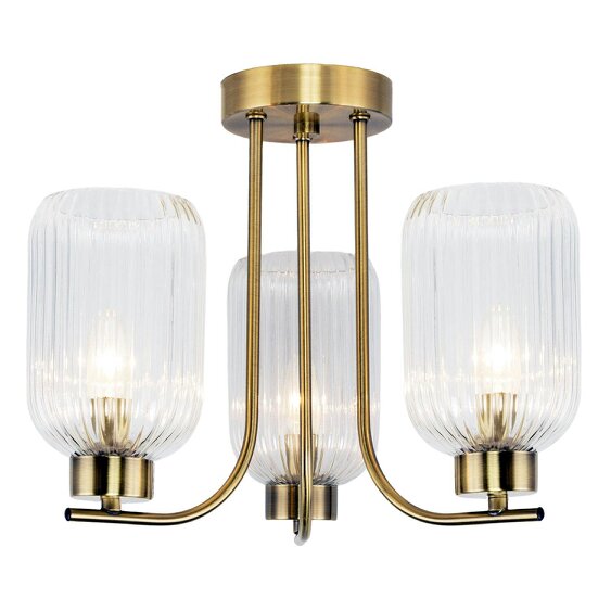 Happy Homewares Elegant Ceiling Fitting in Antique Brass with Ribbed Glass Shades