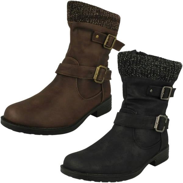 Spot On Ladies Spot On Warm Lined Buckle Detailed Mid Calf Boots F51182