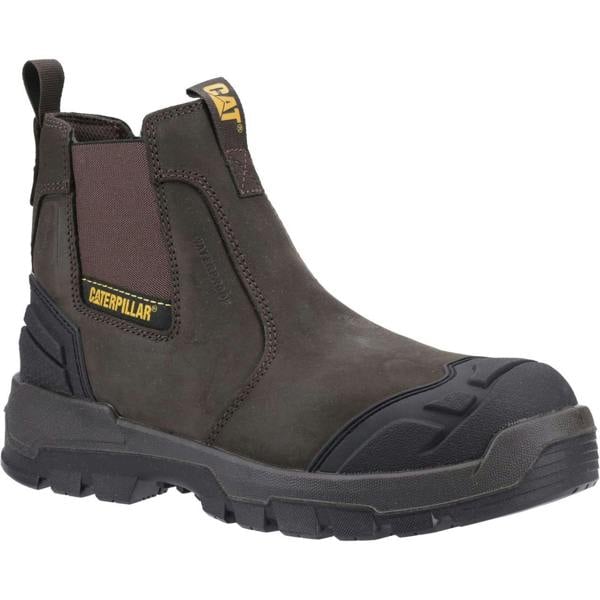 Caterpillar Striver XL Mens Pull On Waterproof S7 Safety Dealer Boots, rugged men's safety boots with waterproof leather upper, slip-on design, and slip-resistant outsole.