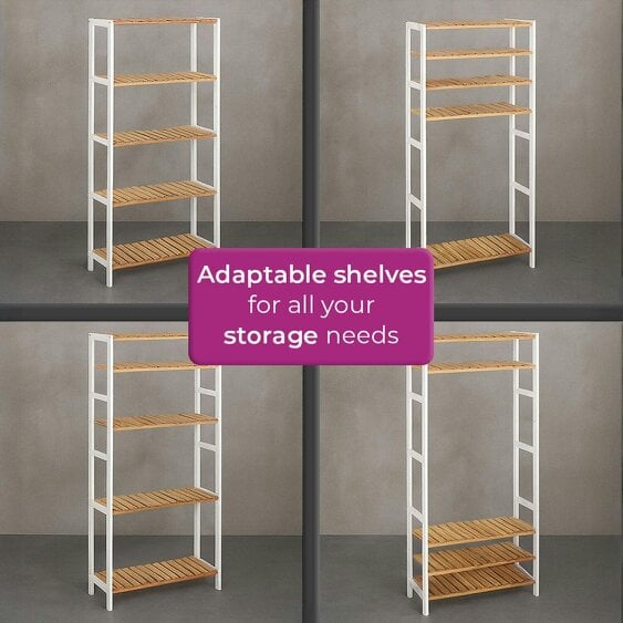 Neo White 5 Tier Bamboo Storage Shelf Shelves Rack Adjustable Multi-Purpose Rack Shoes Plants Bathroom Kitchen Hallway Room Organiser Unit