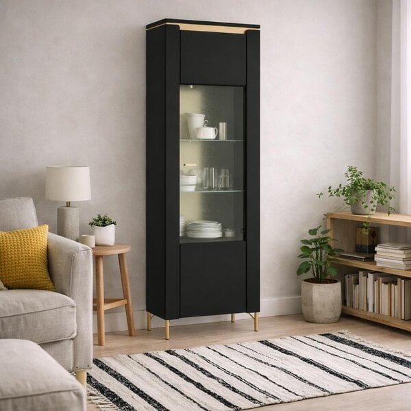 Wyld Haus Marslet Narrow Black and Gold Display Vitrin Cabinet 1 Door with LED Lights