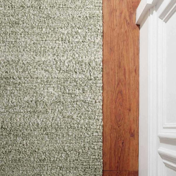 Close-up of carpeted floor transitioning to wooden flooring with a white baseboard.