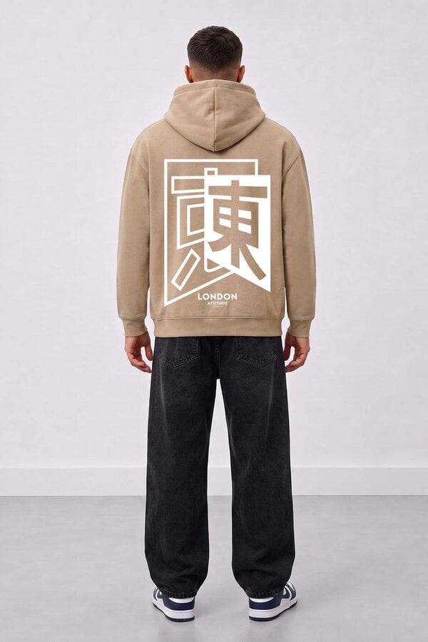 London Attitude Relaxed Fit Japanese Inspired  Graphic Hoodie - Nude