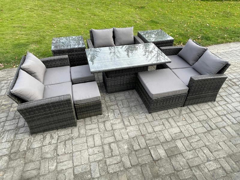 Fimous Wicker PE Rattan Garden Set, Adj Height Table Sofa Dining, Double Seat Sofa, 3 Footstools and 2 Side Tables, Dark Grey Mixed