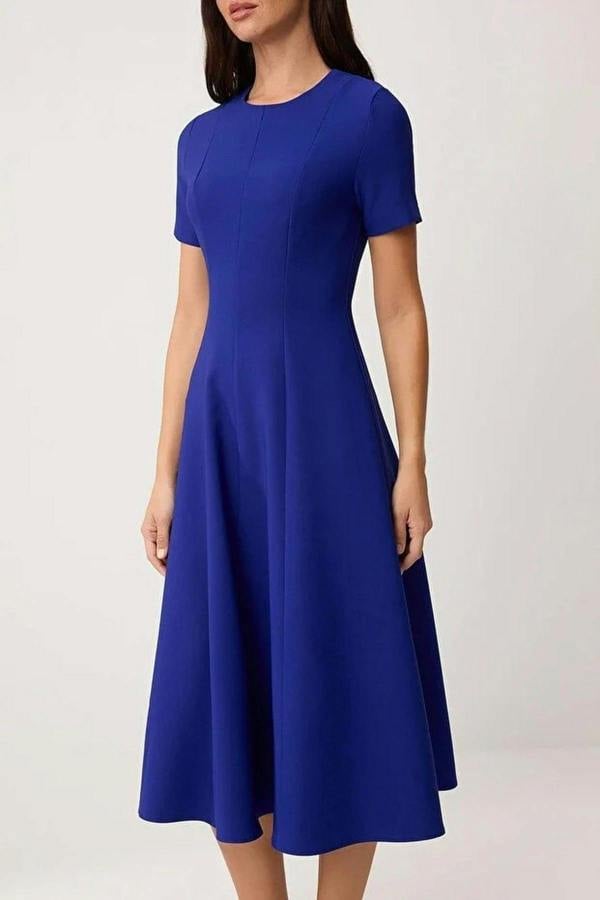 Round Neck Short Sleeve Fit and Flare Midi Dress