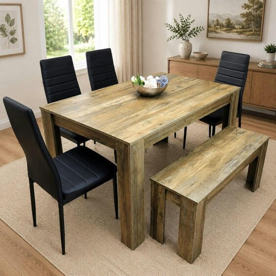 Kosy Koala Wooden Dining Table Set for 6 - Rustic Effect Table With 4 Black Chairs and 1 Bench Dining Room Furniture