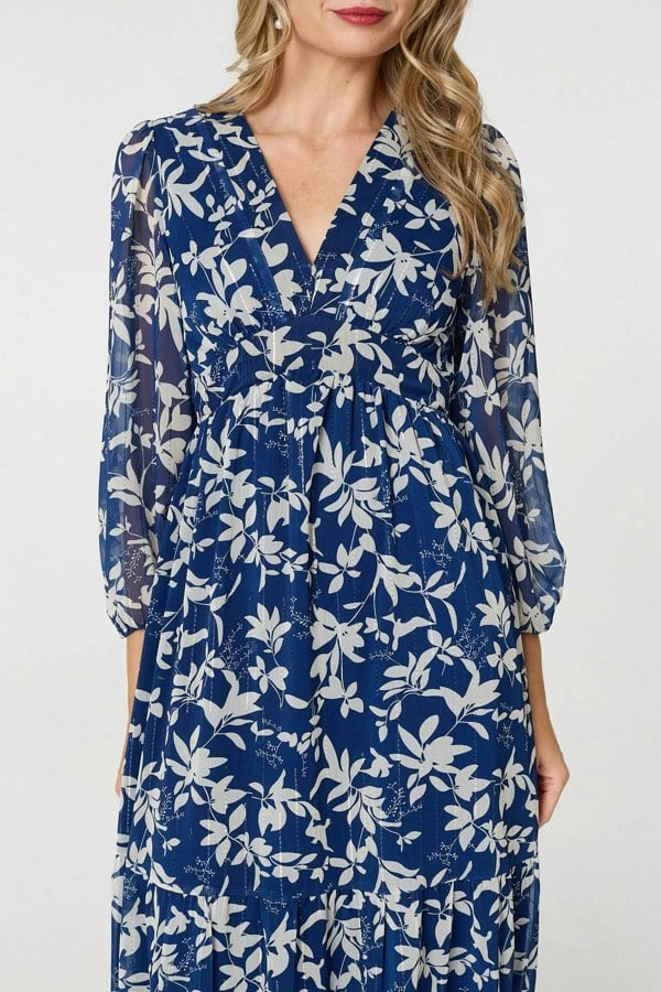 Navy | Leaf Print Sheer Layer Empire Maxi Dress
