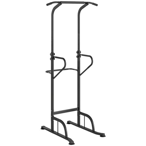 Black power tower dip station with pull-up bar, U-shaped handles, and adjustable frame