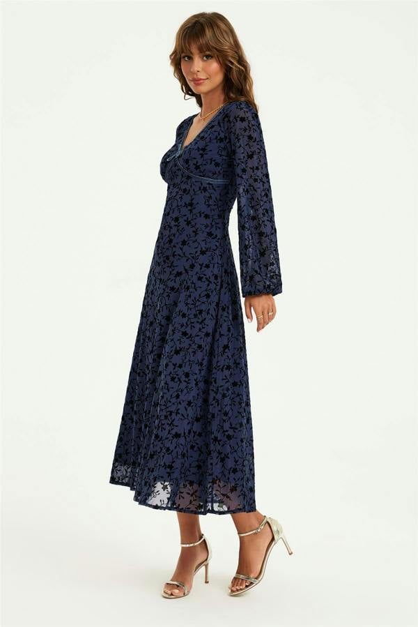 FS Collection Floral Velvet Devore V Neckline Midi Dress In Navy