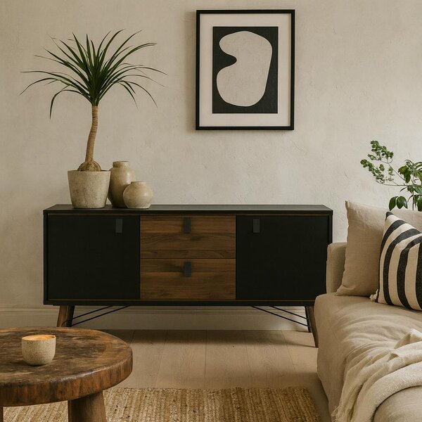 Wyld Haus Juno Black and Walnut Wood Sideboard 2 Doors 2 Drawers