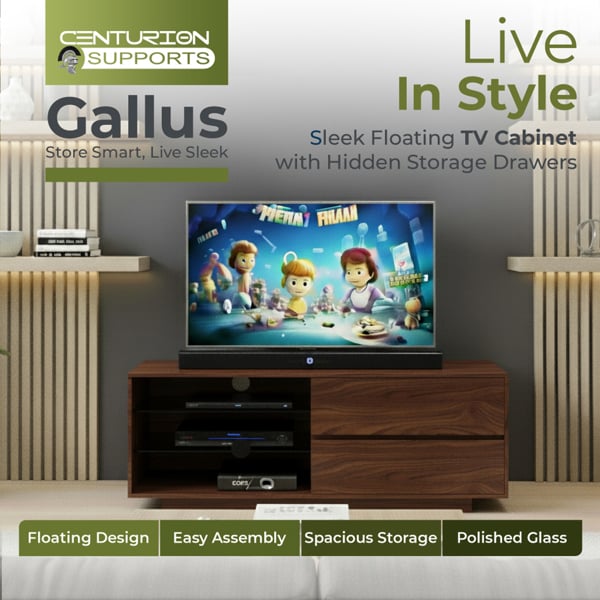 Centurion Supports Gallus Premium Walnut with 2-Walnut Drawers and 3-Shelves 32"-55" LED/OLED/LCD TV Cabinet
