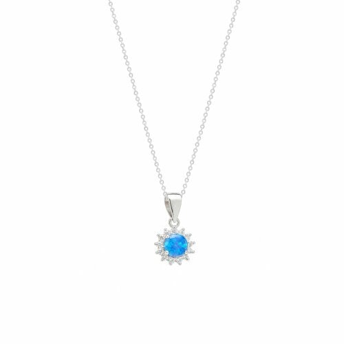 Spero London Blue Opal Halo Sun Sterling Silver Pendant Necklace