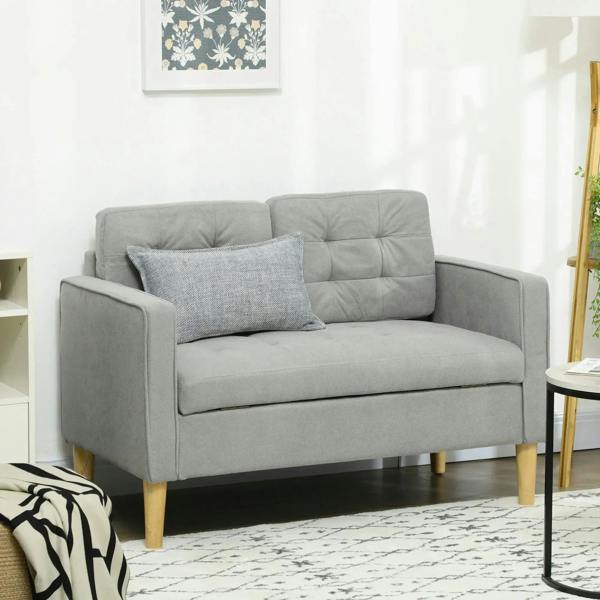 Light grey 2-seat sofa with tufted back, armrests, and wooden legs