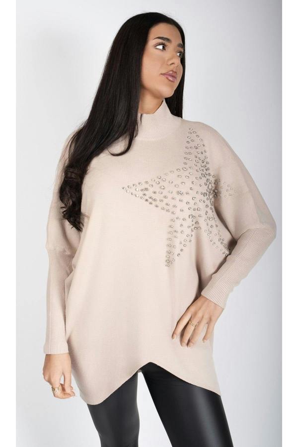 Jaira Oversized Knitted Jumper With Studded Star Detail - Beige