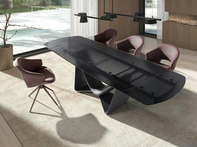 Angel Cerdá Extendable barrel oval dining table in black glass, steel, dark grey fiberglass and metal 1196