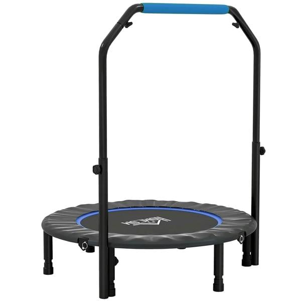 Blue mini fitness trampoline with black folding frame and foam handle for home workouts