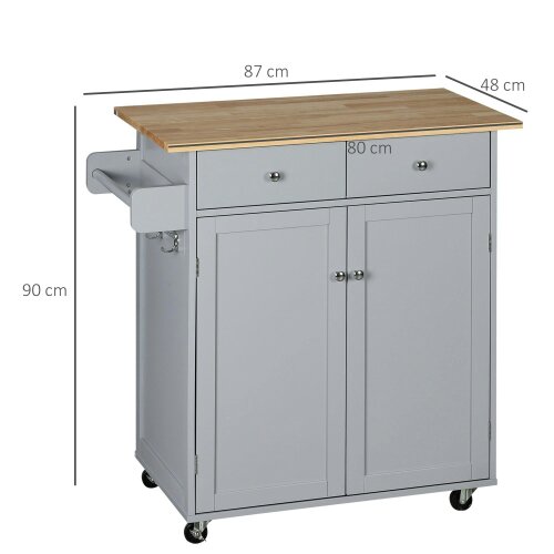Wyld Haus Mobani Natural Top Grey Wood Rolling Kitchen Island With Drawers Towel Rack And Hooks