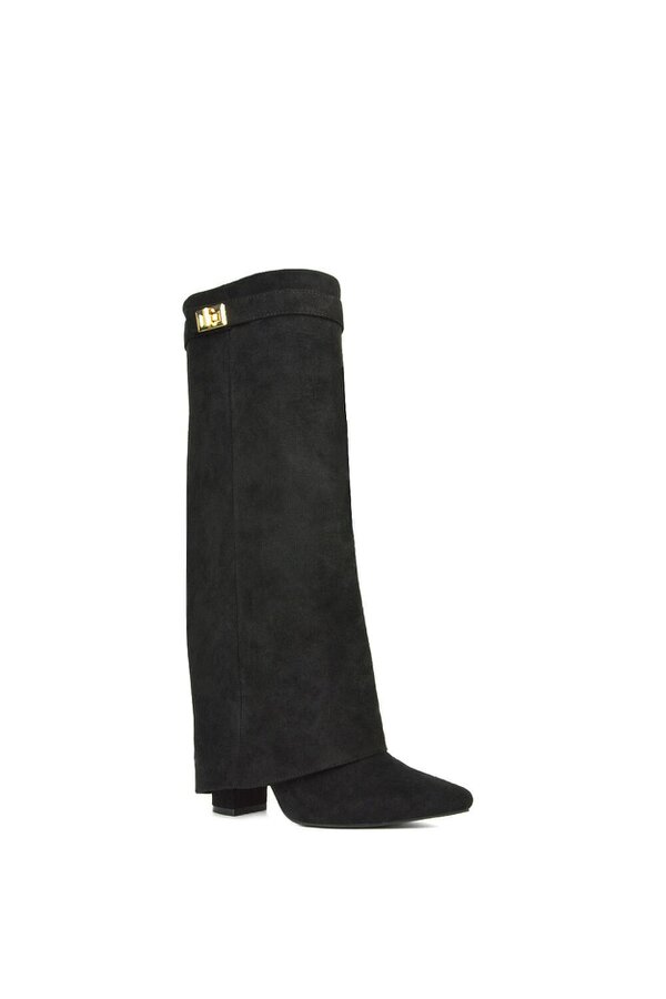 XY LONDON Block Heel Knee High Foldover Boots With Pointed Toe