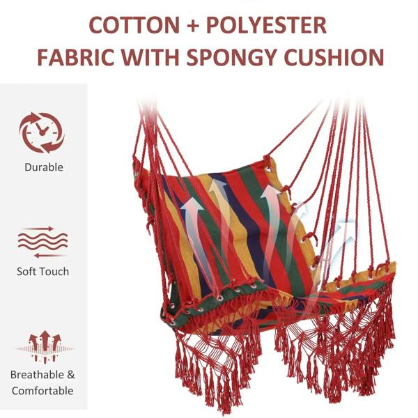 Multicolor striped hammock chair swing with red fringed seat and cushioned fabric