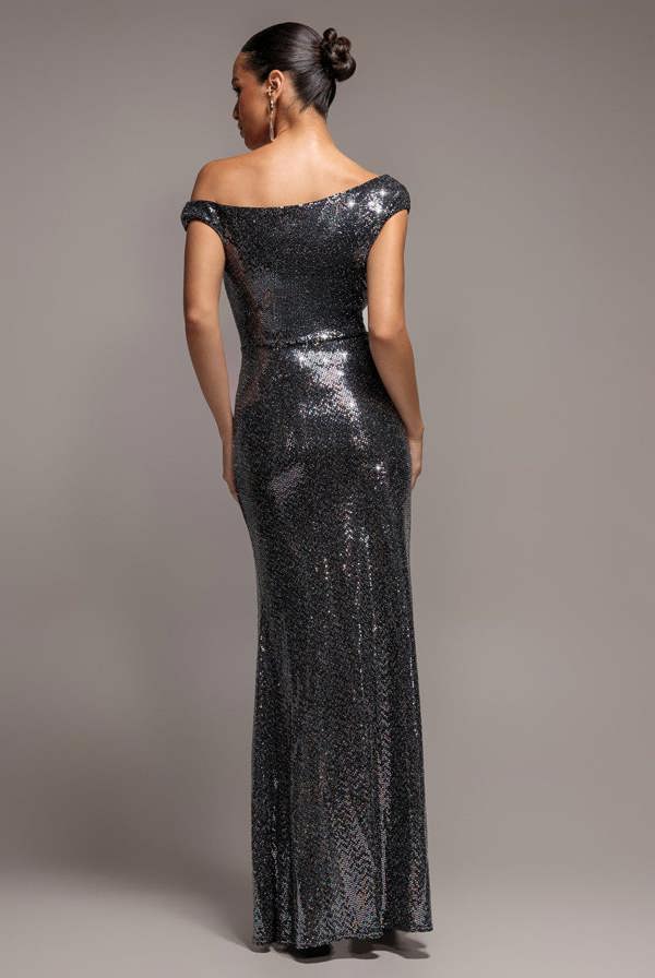 Asymmetric One Shoulder Front Split Sequin Maxi Dress - Black Multi DR5331
