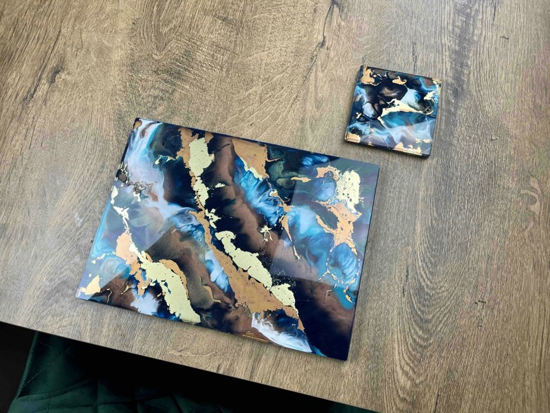 Kate Chesters Art Blue Gold Bronze Resin Art Placemats and Coasters Set - Heat Tolerant