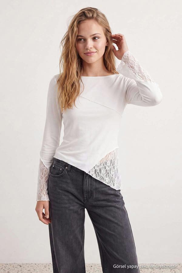 WOVCOR Boat Neck Spanish Sleeve Lace Detail Fitted Blouse