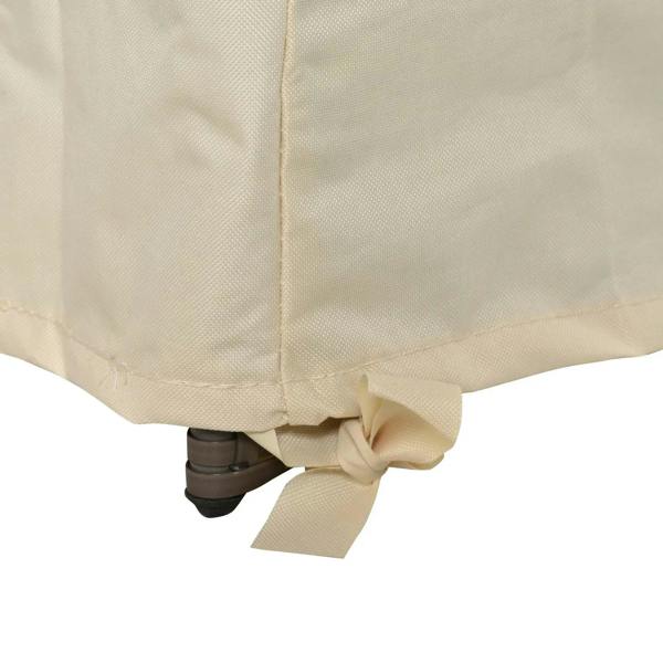 Beige sofa cover bottom tie/bandage fastening with stitched fabric edge