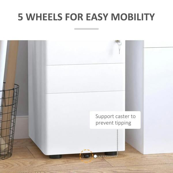 White rolling filing cabinet on caster wheels with three drawers and a key lock