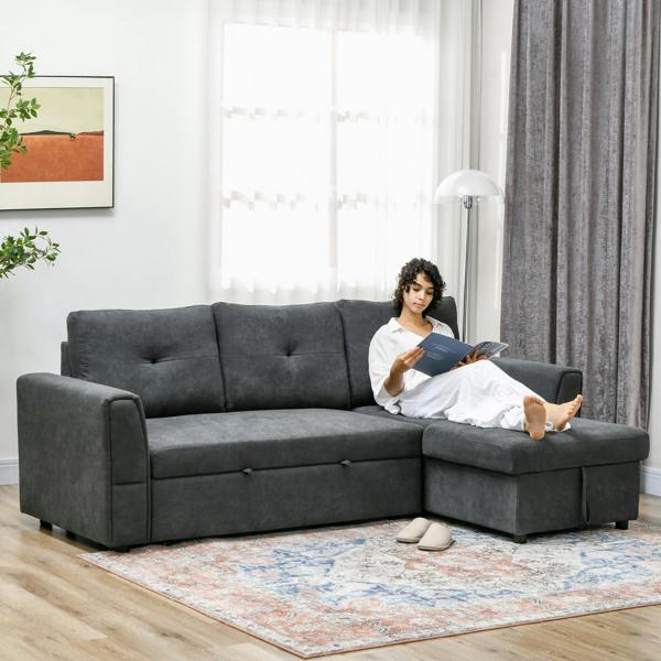 HOMCOM 3 Seater Sofa Bed, Convertible Pull Out Sofa with Storage - Dark Grey