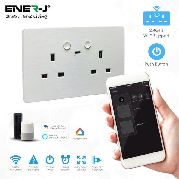 ENER-J Smart Wall Socket – WiFi Double Power Socket with USB & Type-C, Alexa & Google Compatible, 13A UK White