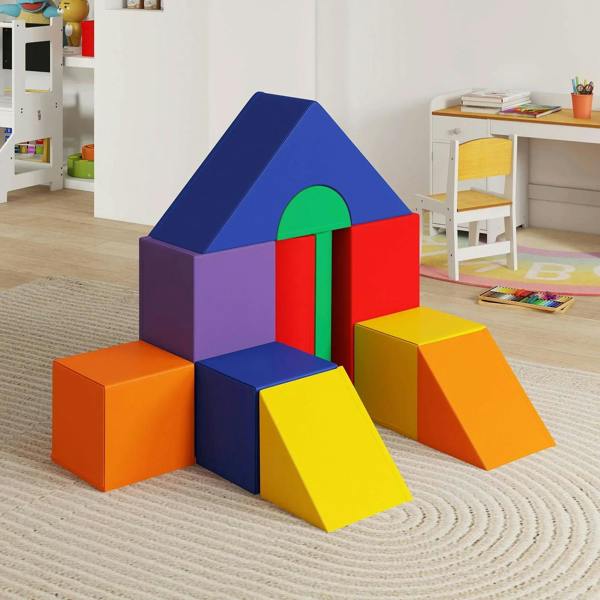 Kids foam play set with blue and purple playhouse and multicolor step blocks
